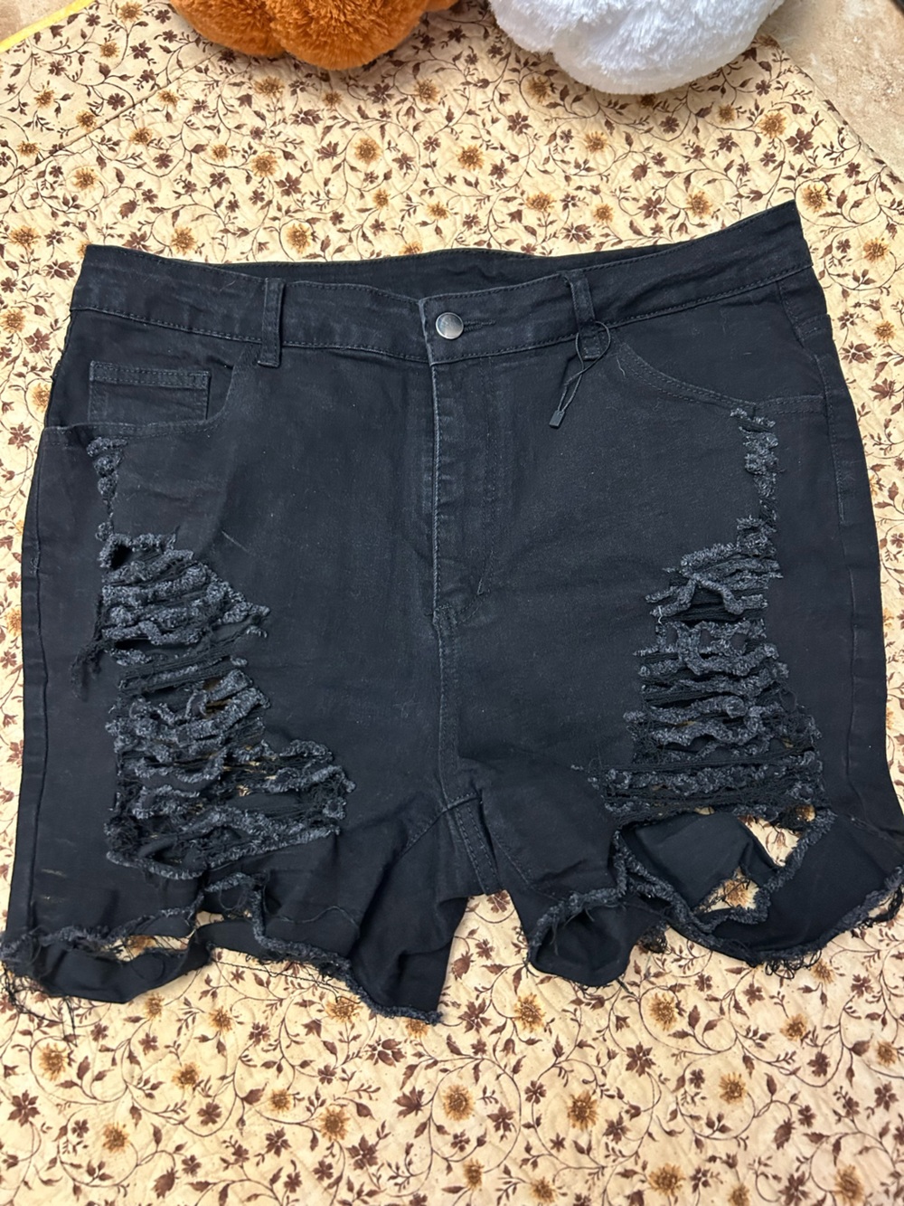 SHEIN Black Distressed Ripped Denim Shorts